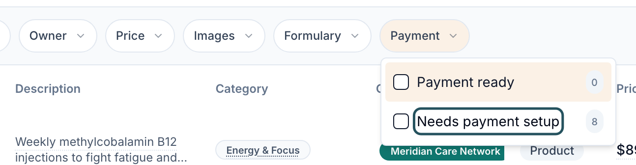Products Payment filter open, showing Payment ready 0 and Needs payment setup 8