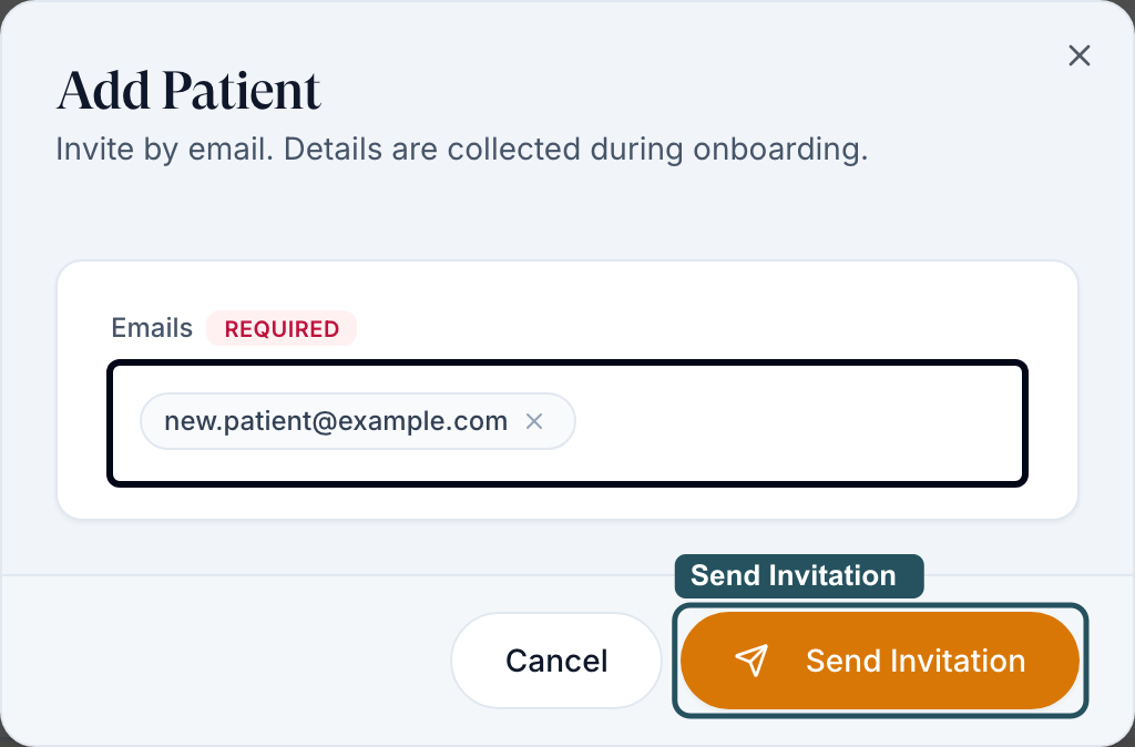 Add Patient dialog with one email chip in the Emails field and the Send Invitation button