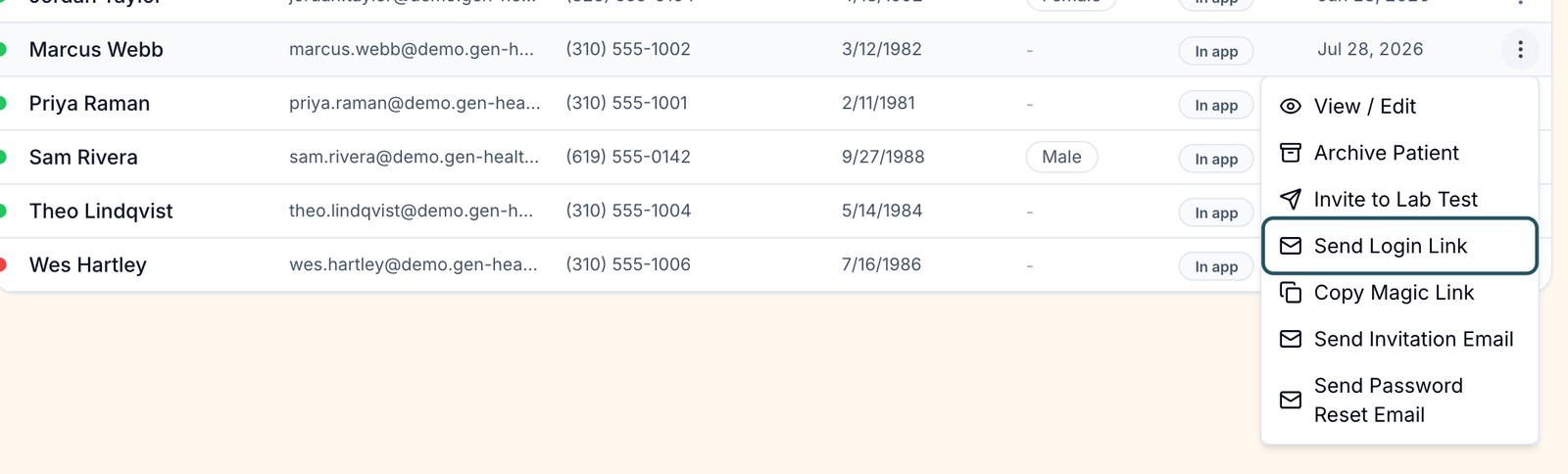 Patient row menu with View / Edit, Archive Patient, Invite to Lab Test, Send Login Link, Copy Magic Link, Send Invitation Email and Send Password Reset Email
