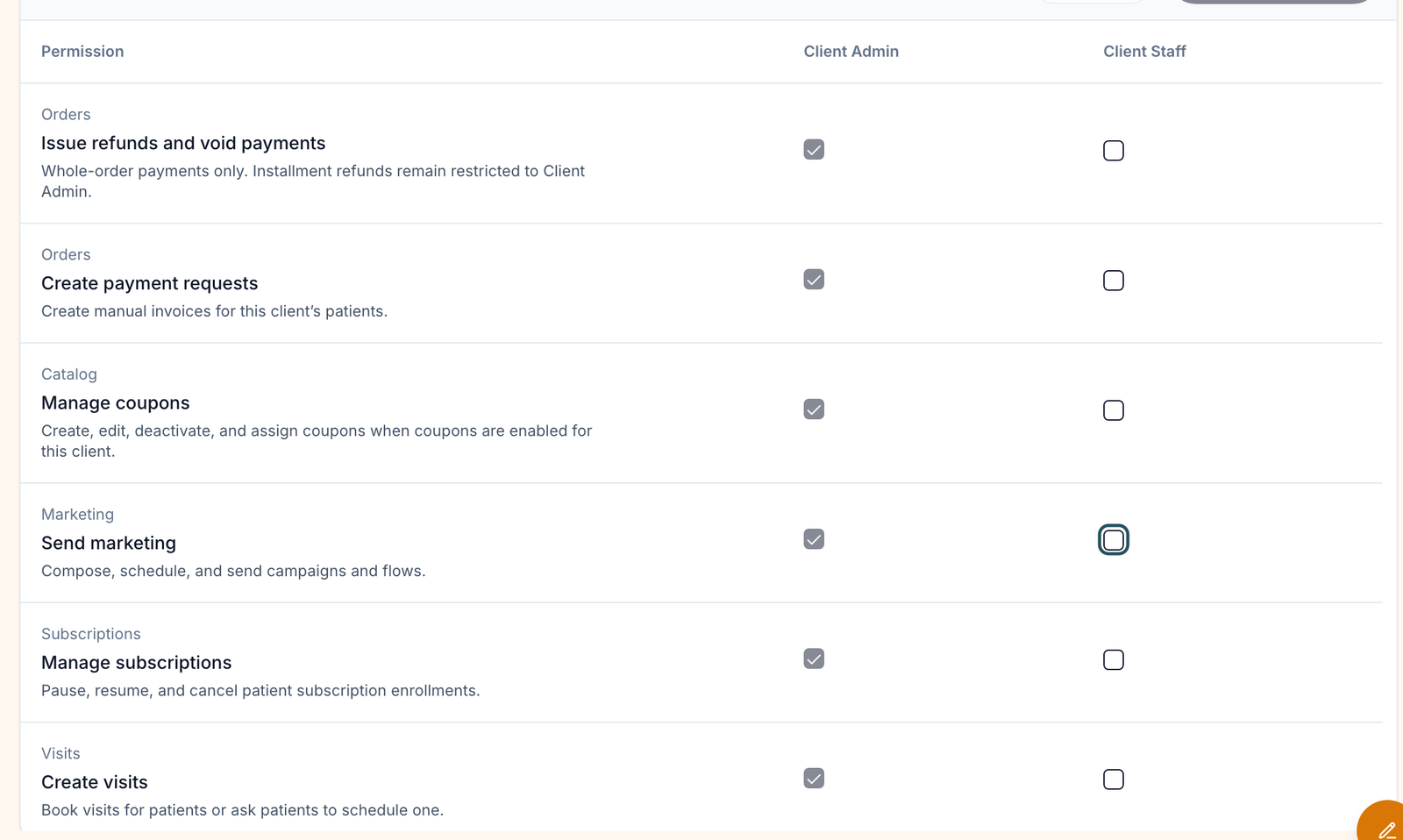 Settings Staff permissions table with the Send marketing row and its Client Staff tick box