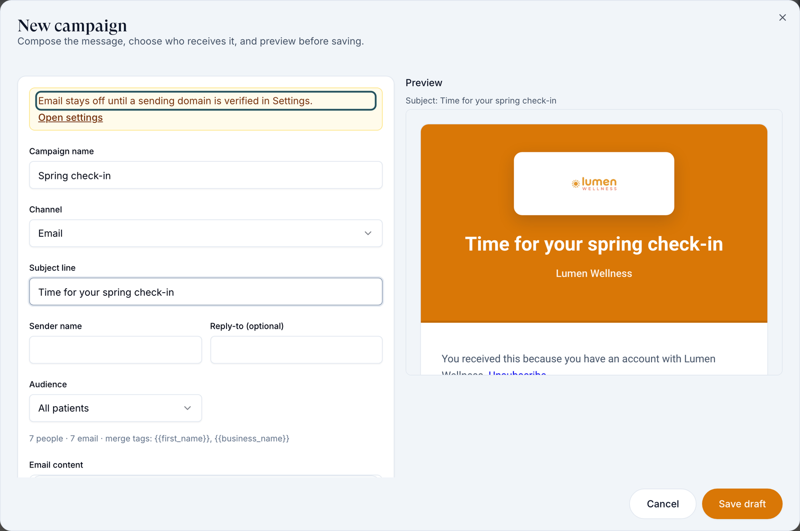 New campaign window with the banner Email stays off until a sending domain is verified in Settings, the Campaign name, Channel, Subject line, Sender name and Audience fields, and Save draft