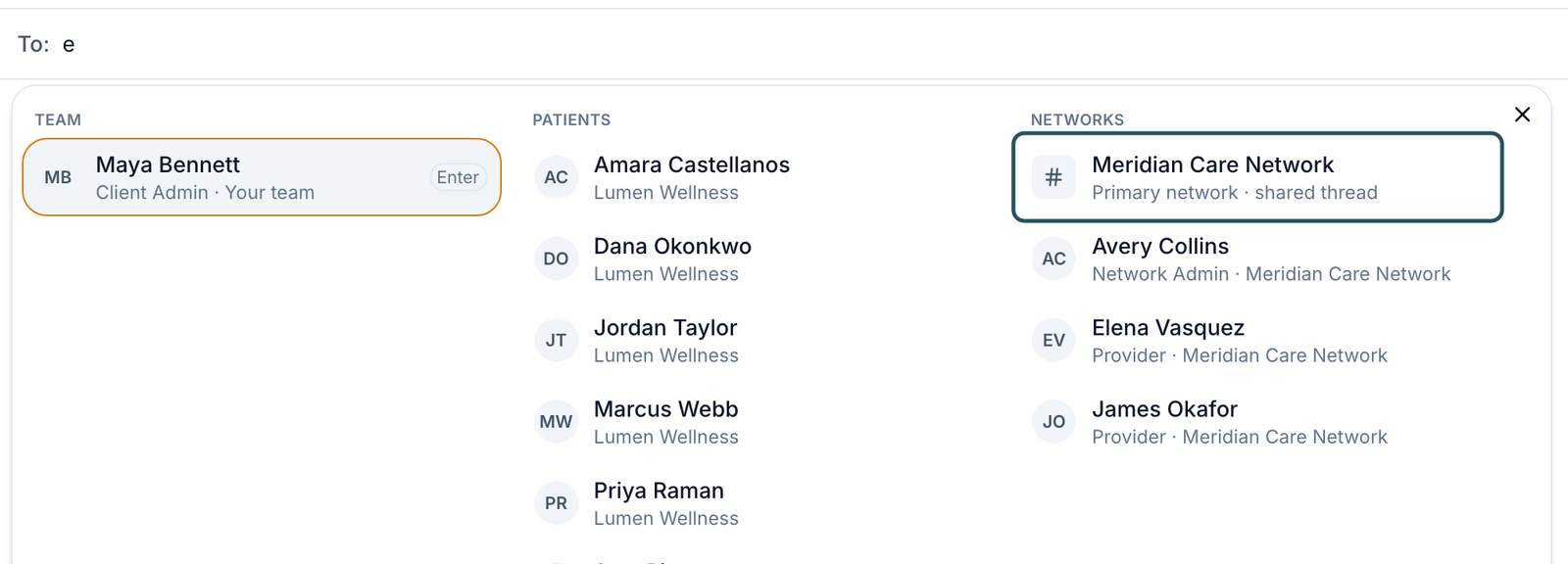 New message pane with results grouped under Team, Patients and Networks, including Meridian Care Network, Primary network · shared thread
