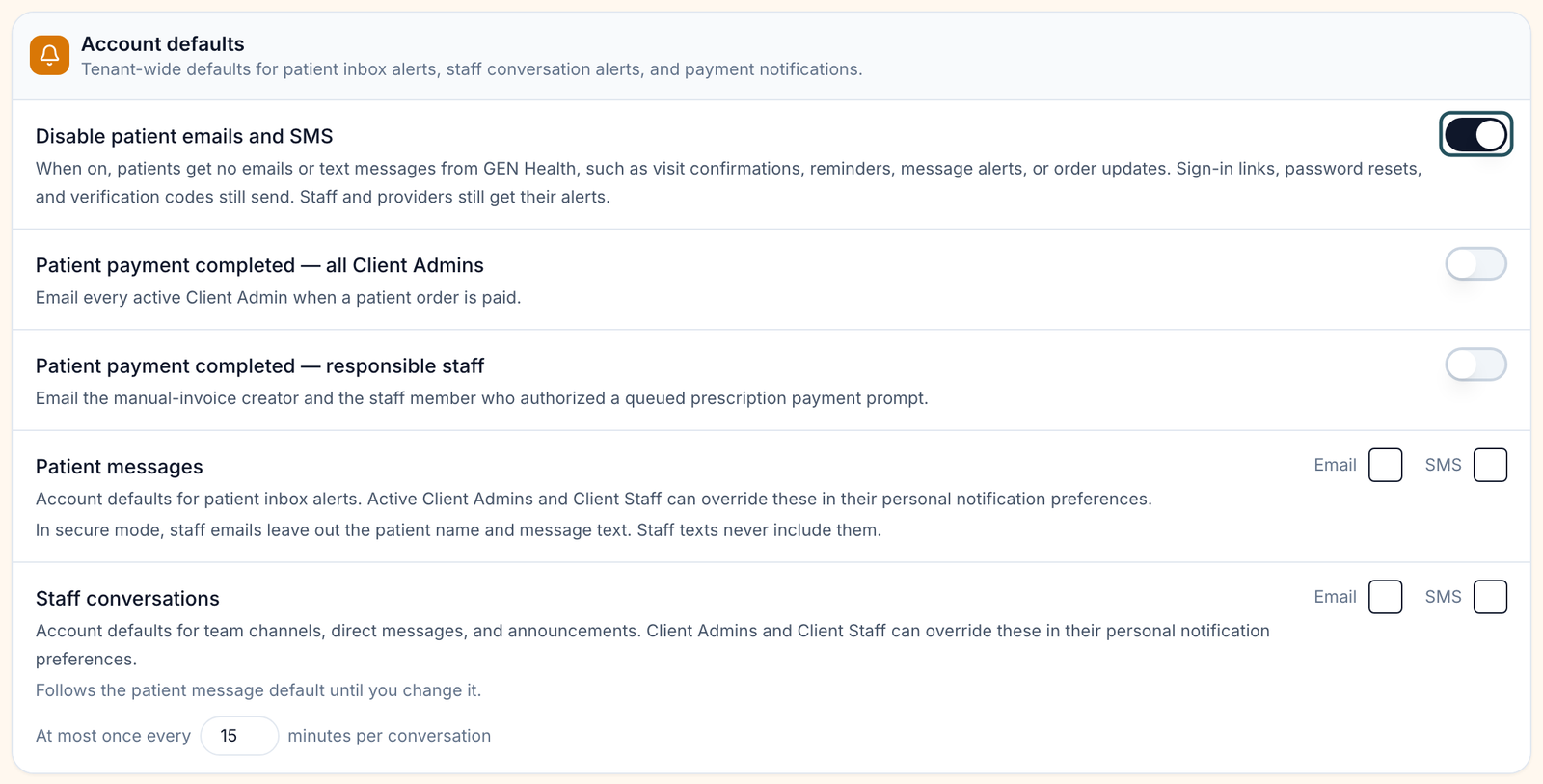 Account defaults card: the Disable patient emails and SMS switch (on in this demo account), the two patient payment switches, and the Patient messages and Staff conversations defaults