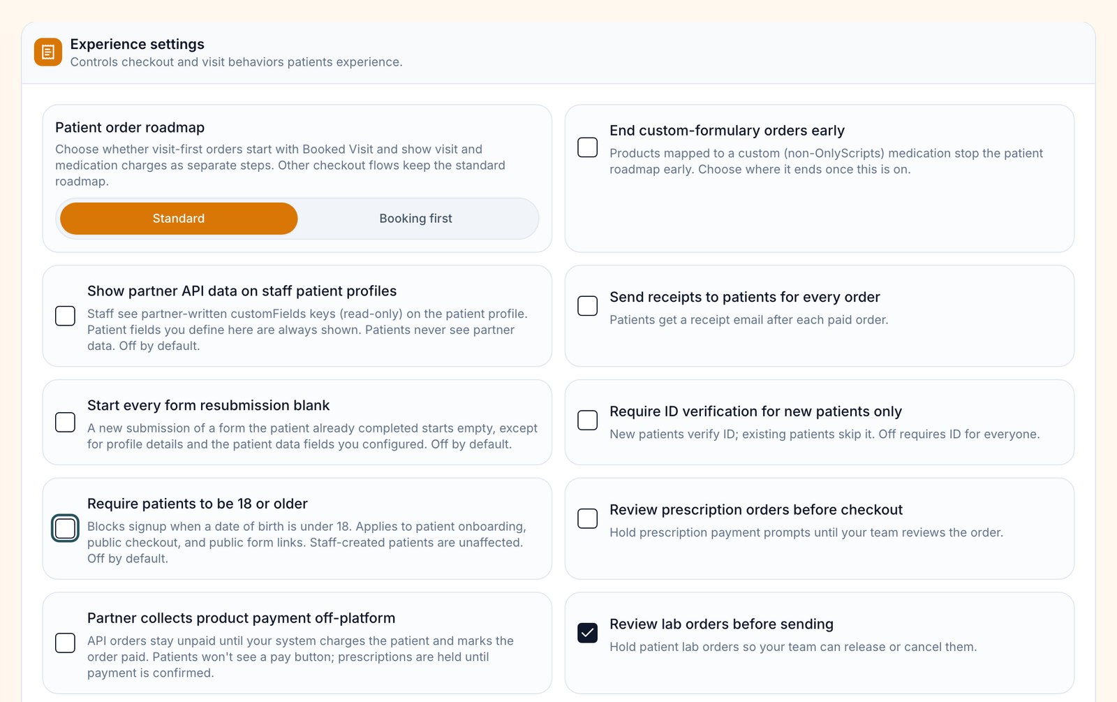 Experience settings card listing Patient order roadmap, Require patients to be 18 or older and the other options