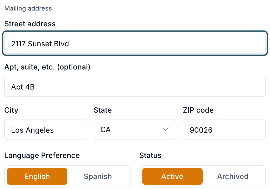 Profile tab Mailing address fields: Street address, Apt, suite, etc., City, State and ZIP code, above Language Preference and Status