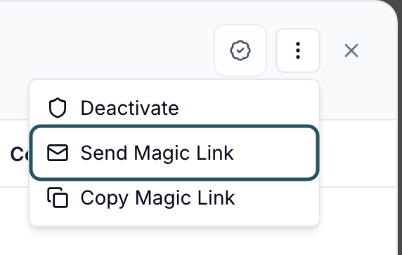 Patient actions menu open in the profile header with Deactivate, Send Magic Link and Copy Magic Link