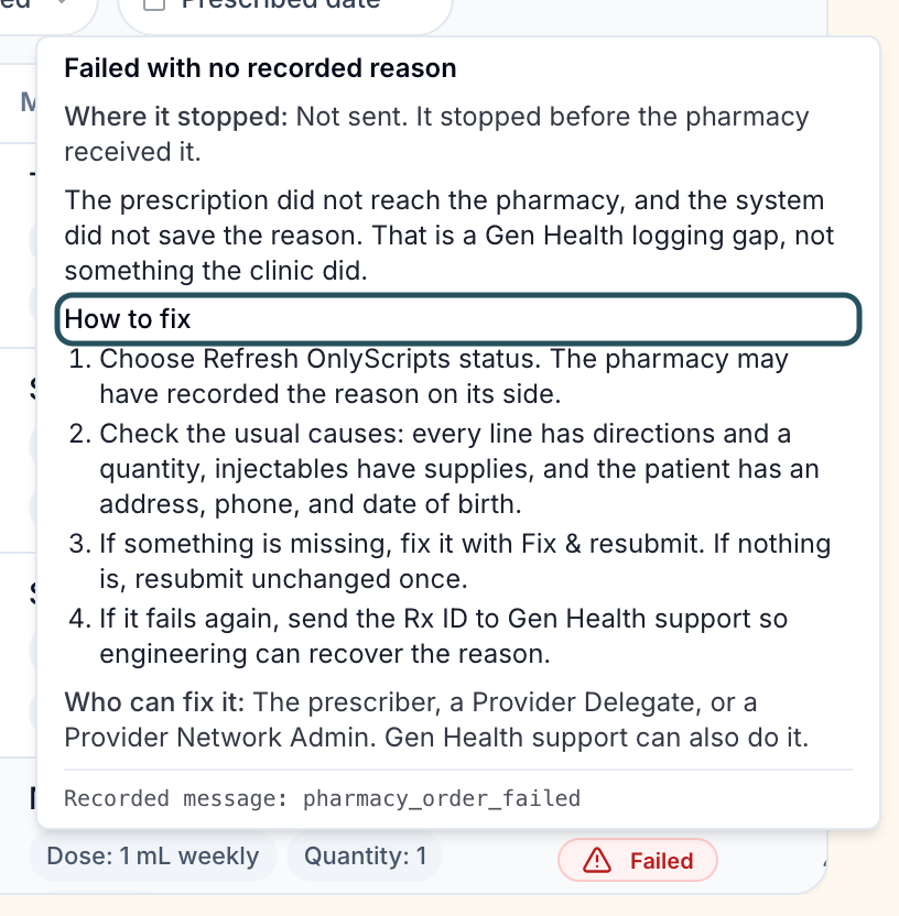 Failure card on a prescription status showing Where it stopped, How to fix and Who can fix it