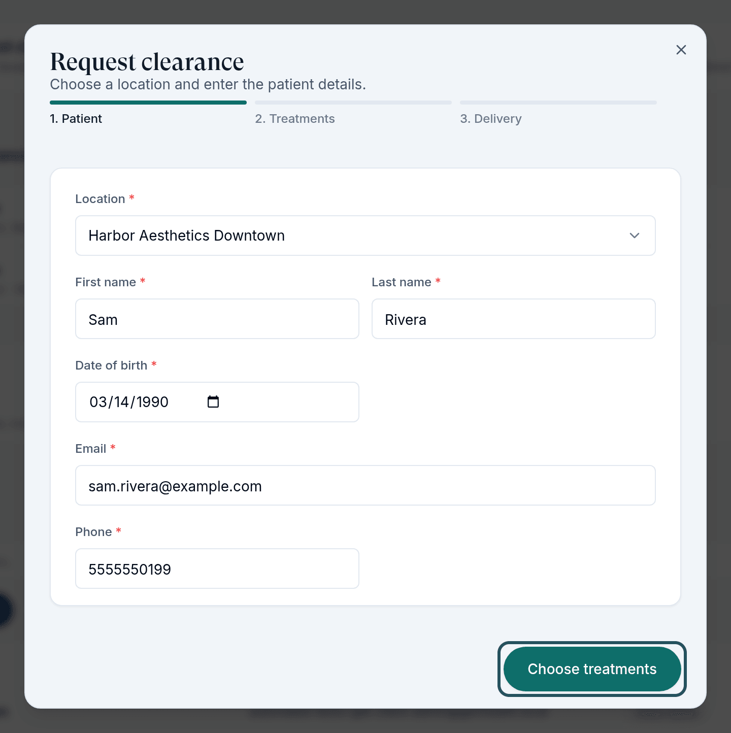 Request clearance step 1, Patient, with the location and patient details filled in.