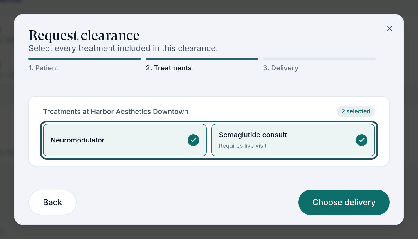 Request clearance step 2, Treatments, with Neuromodulator and Semaglutide consult ticked.