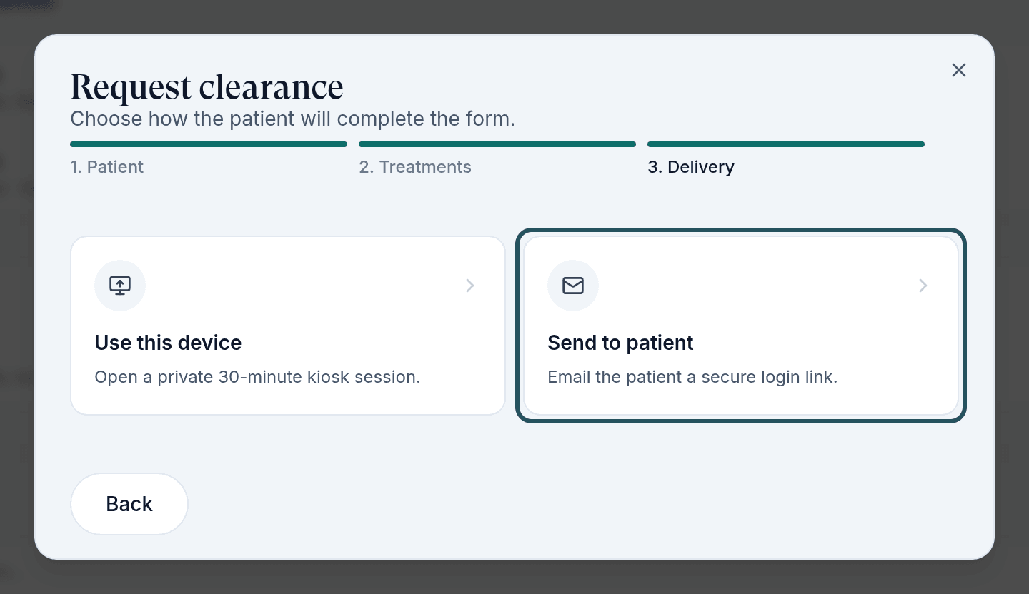 Request clearance step 3, Delivery, with Send to patient highlighted.