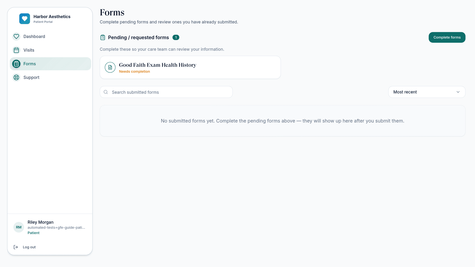 The patient's Forms page listing Good Faith Exam Health History under Pending / requested forms.