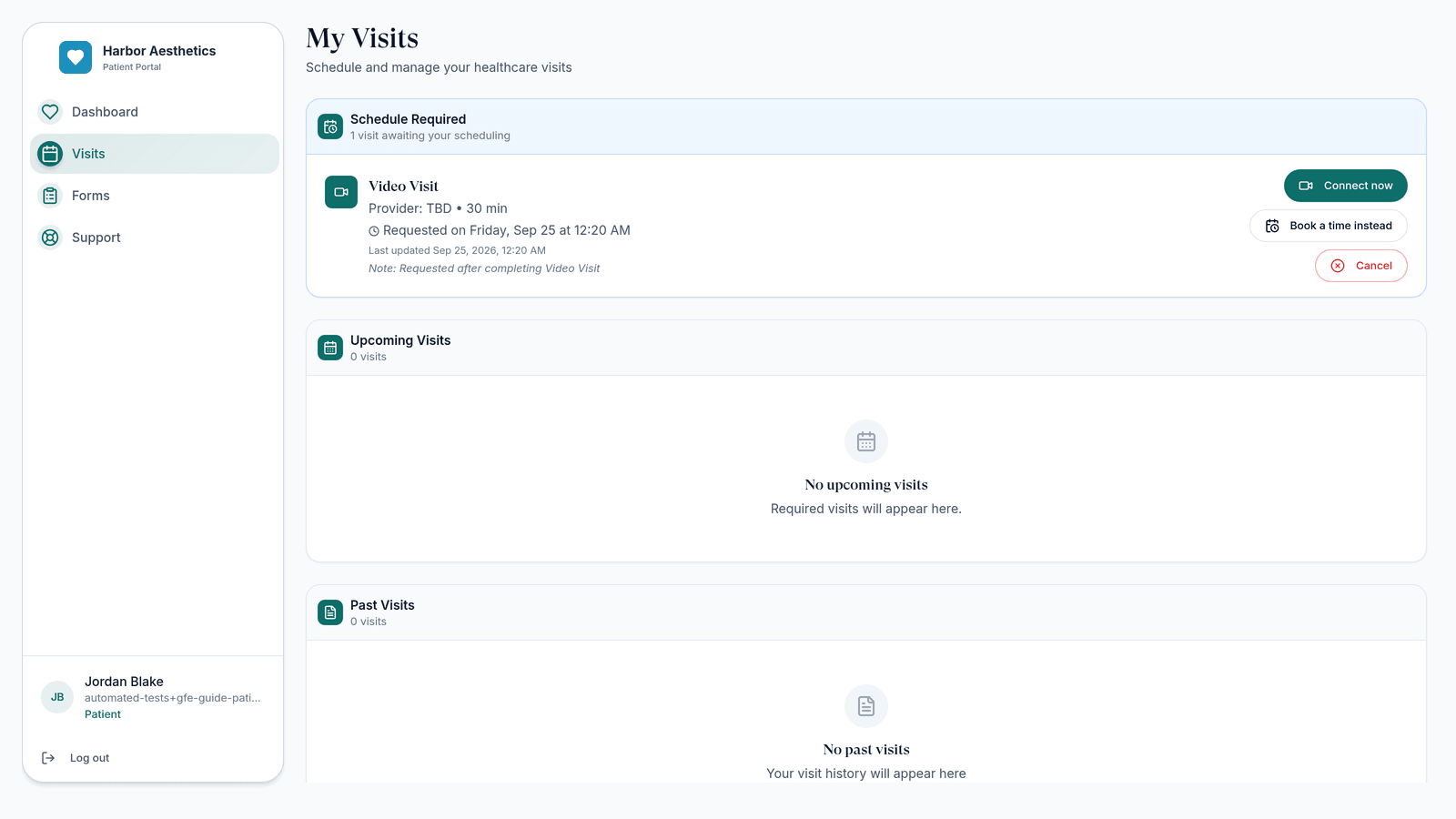The patient's My Visits page with Schedule Required and the Connect now button.