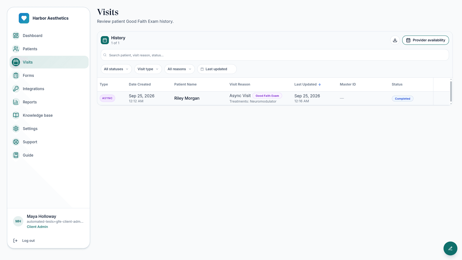 The Visits page with a completed async Good Faith Exam row.
