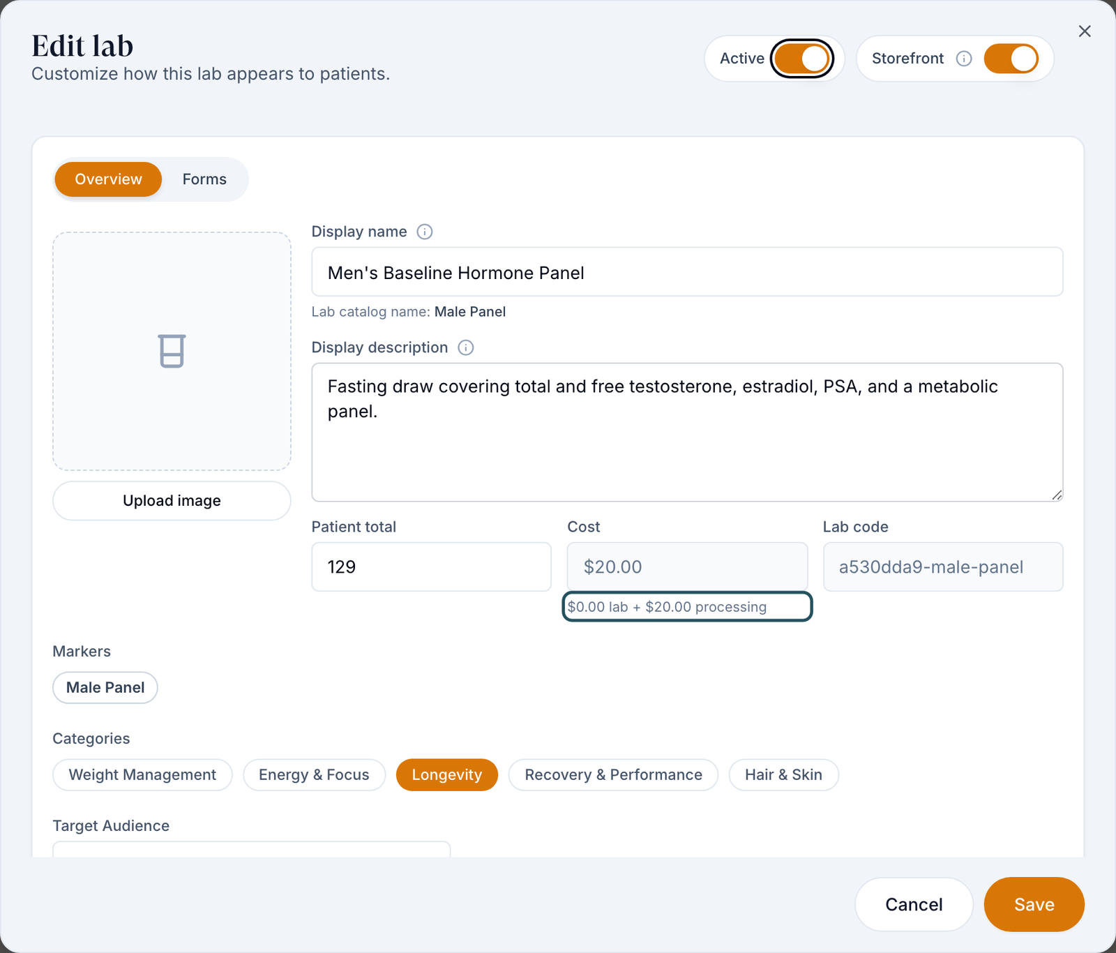 Edit lab dialog: Active and Storefront switches, Display name, Patient total, Cost $0.00 lab + $20.00 processing, Target Audience and Unavailable states