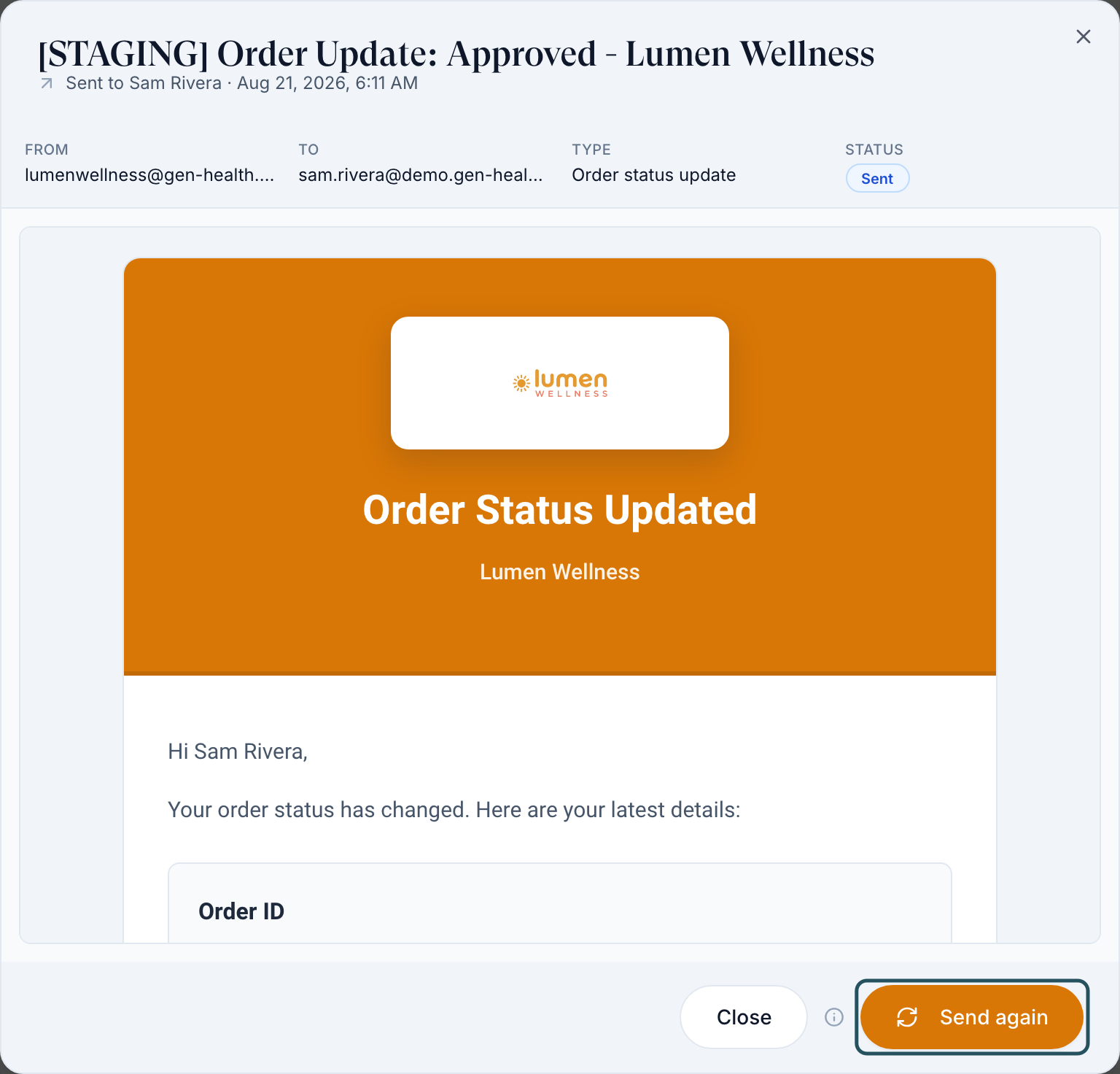 Message dialog for an Order Update: Approved email showing From, To, Type, Status Sent, the branded email as delivered, and Close and Send again