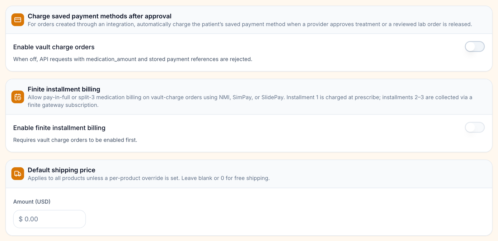 Charge saved payment methods after approval, Finite installment billing and Default shipping price cards