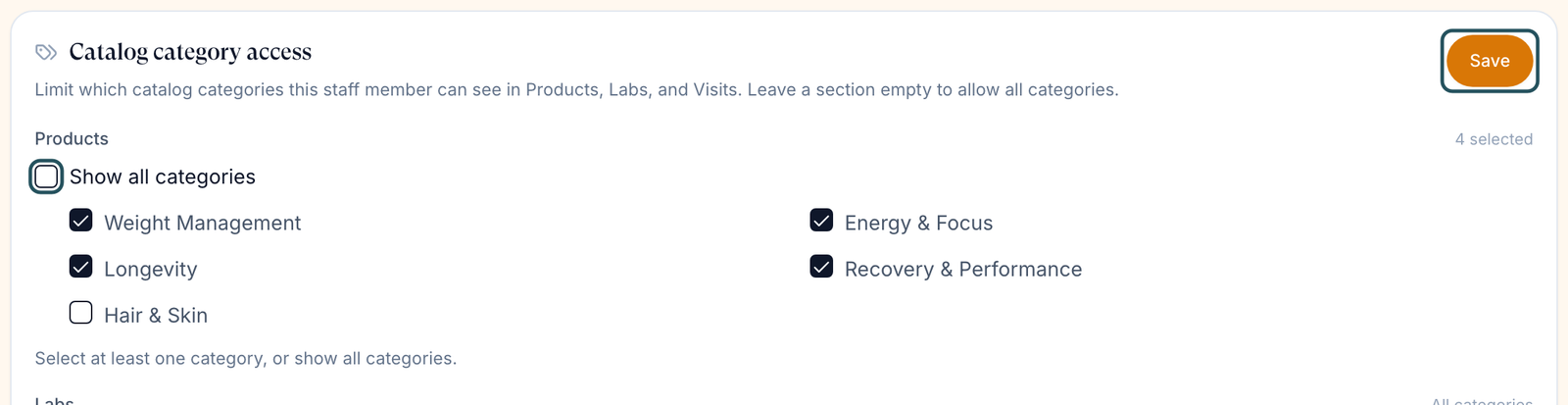 Catalog category access for one staff member: under Products, Show all categories is unticked, Hair and Skin is unticked, 4 selected, and Save at the top right