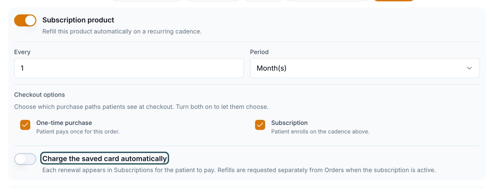 Product Overview tab with Subscription product on, Every and Period, Checkout options and Charge the saved card automatically