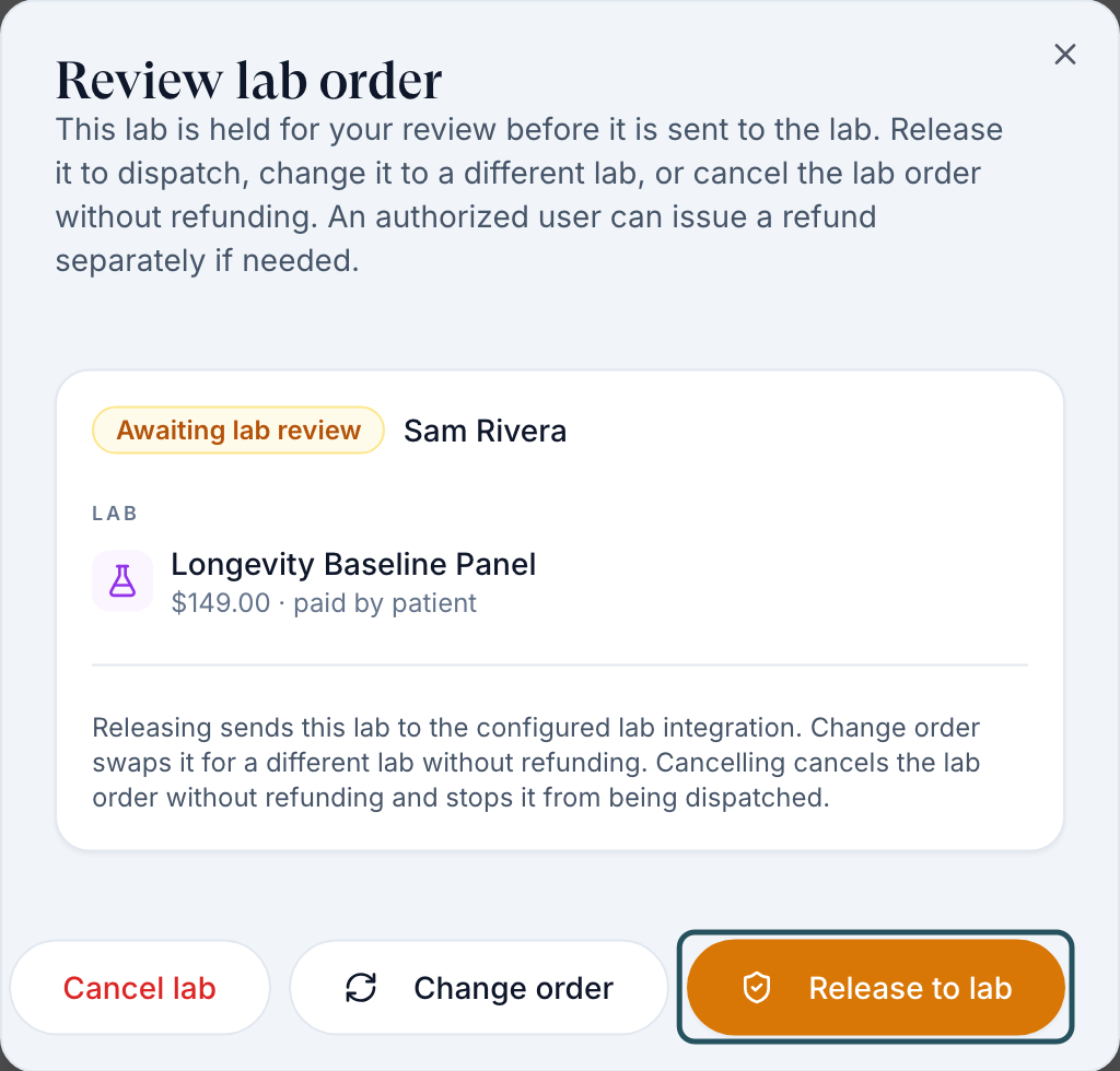 Review lab order dialog with Cancel lab, Change order and Release to lab
