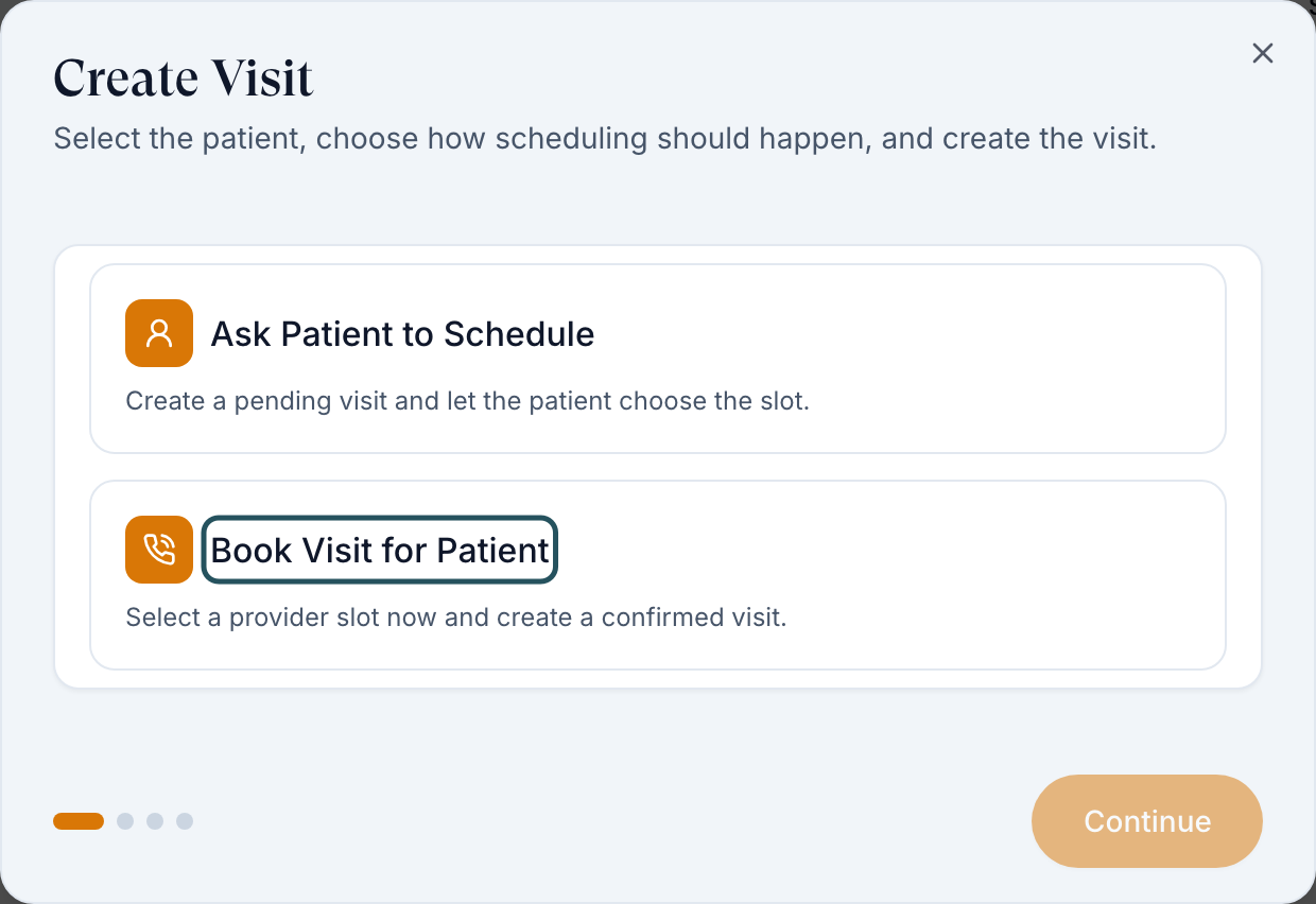 Create Visit dialog with two choices: Ask Patient to Schedule and Book Visit for Patient