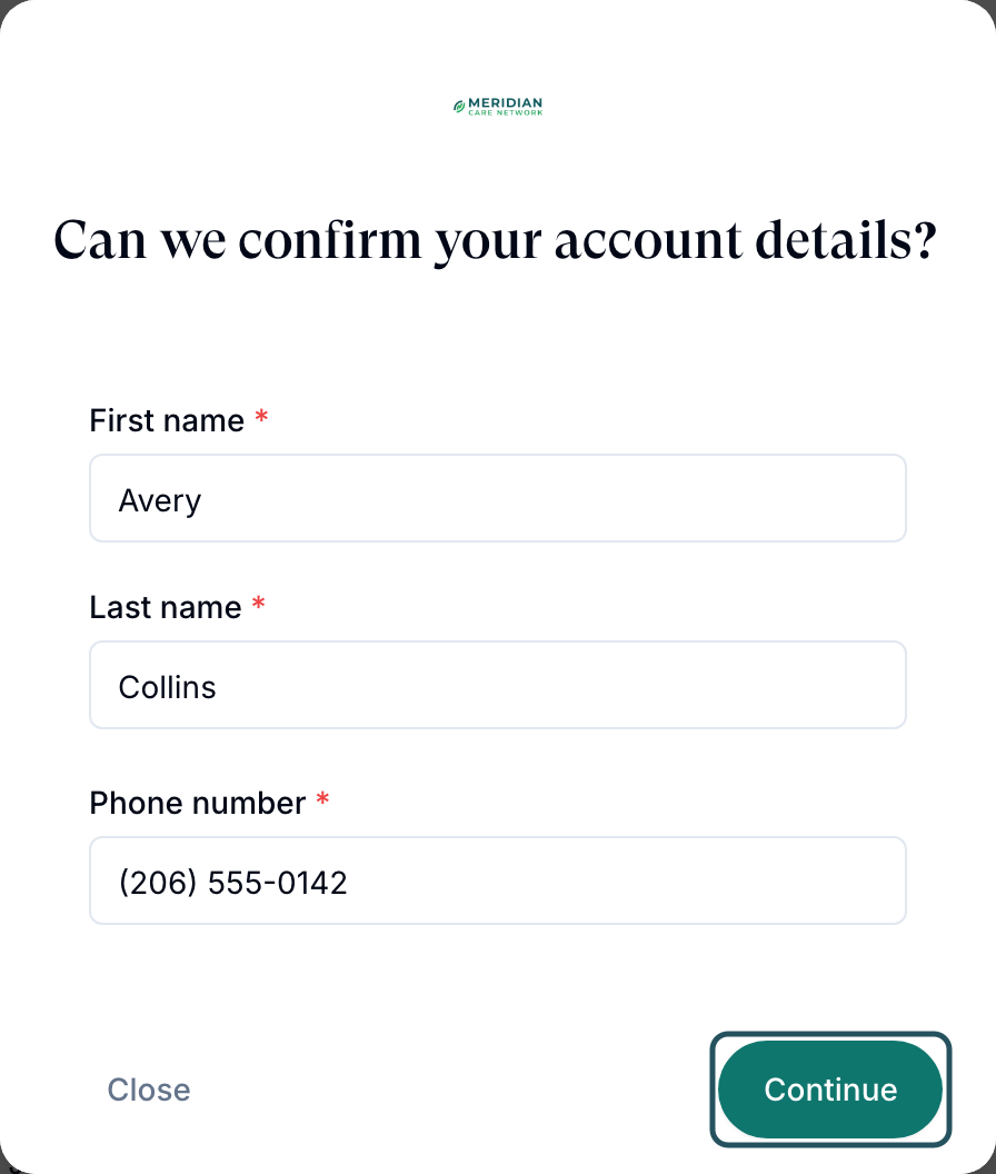 Setup wizard screen titled Can we confirm your account details? with First name, Last name and Phone number filled in, and Continue highlighted