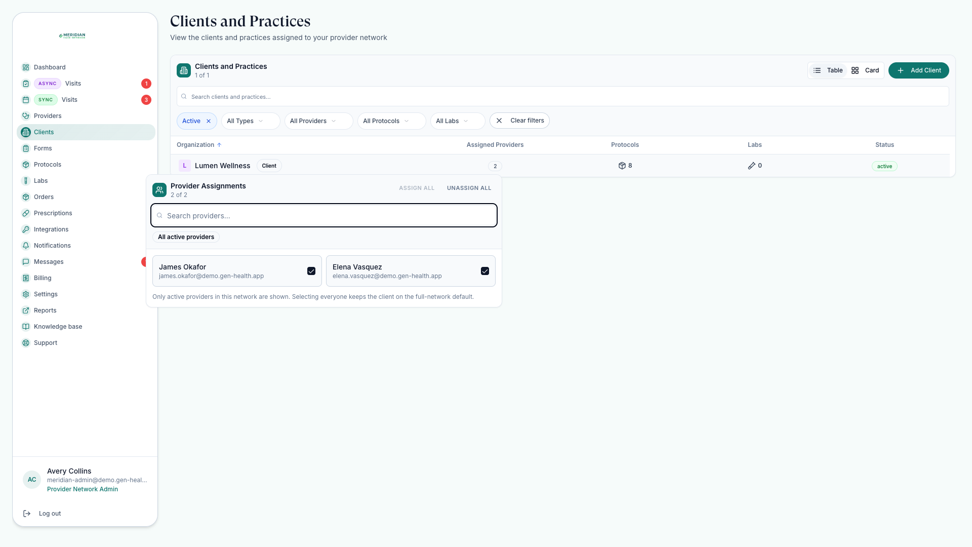 Provider Assignments picker on the client with both providers selected and assign-all / unassign-all controls