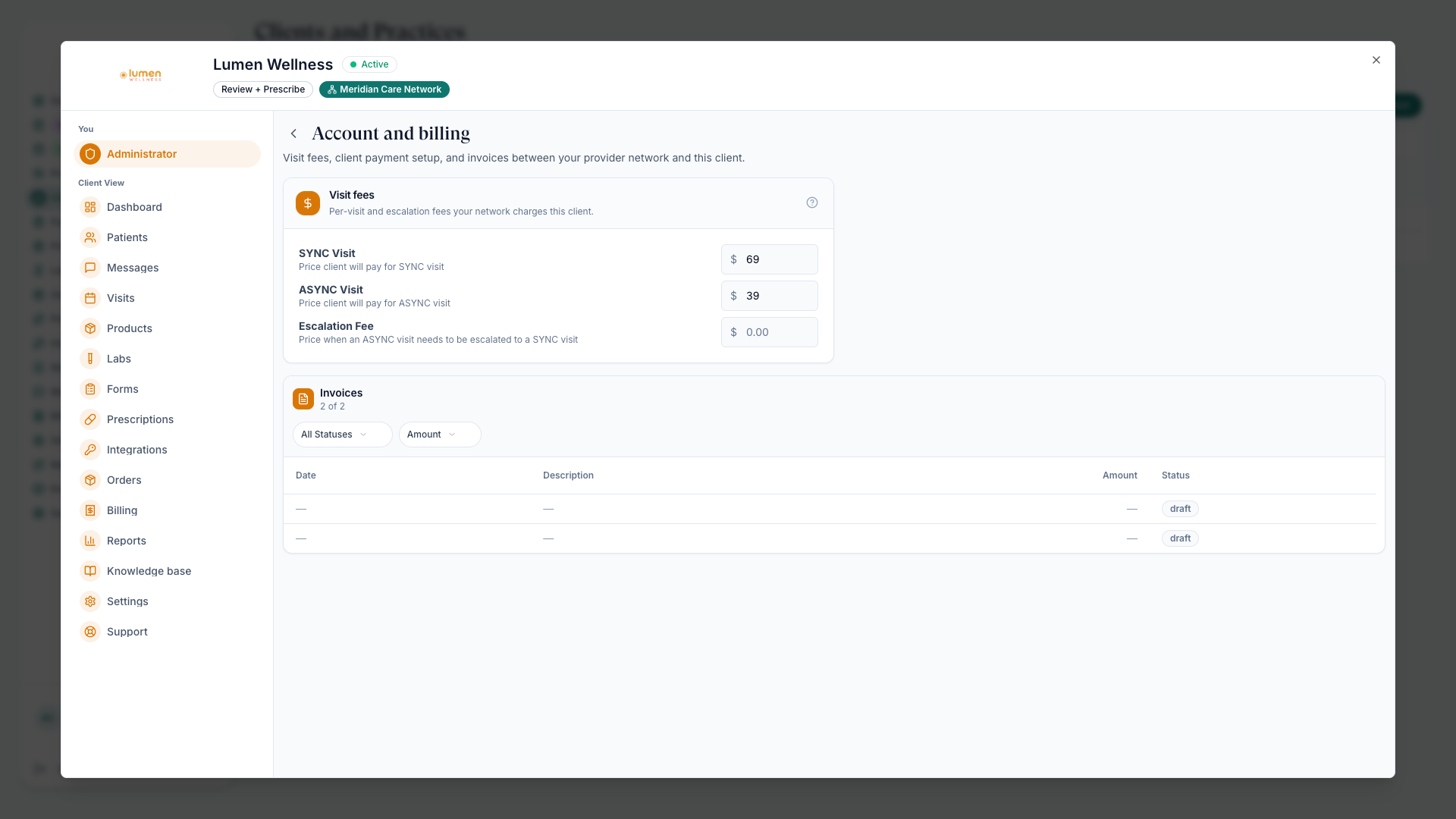 Visit fee fields for the linked client: SYNC visit price, ASYNC visit price, and escalation fee