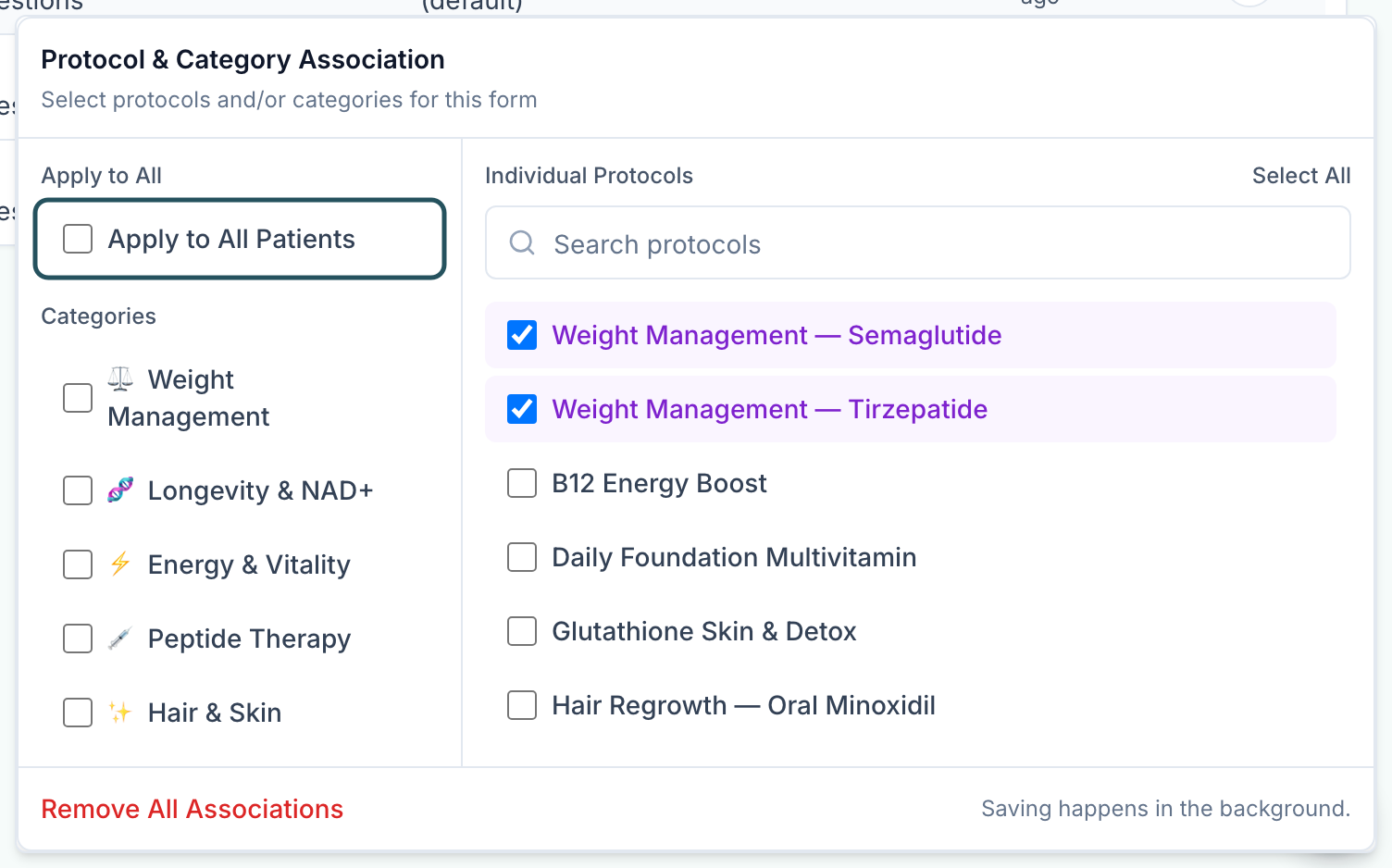 Protocol and Category Association popover with Apply to All Patients, a Categories list and Individual Protocols checkboxes