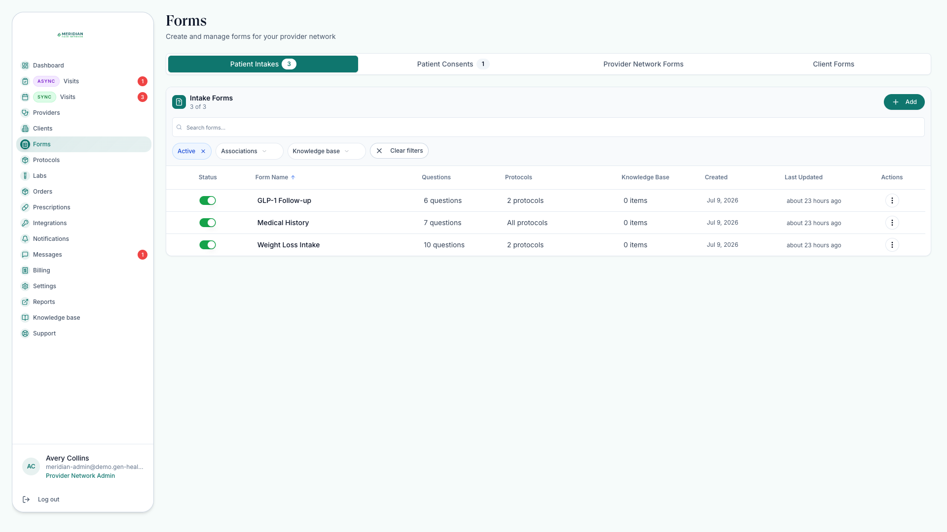 Forms page with the Patient Intakes tab and forms showing status, question counts, and protocol associations