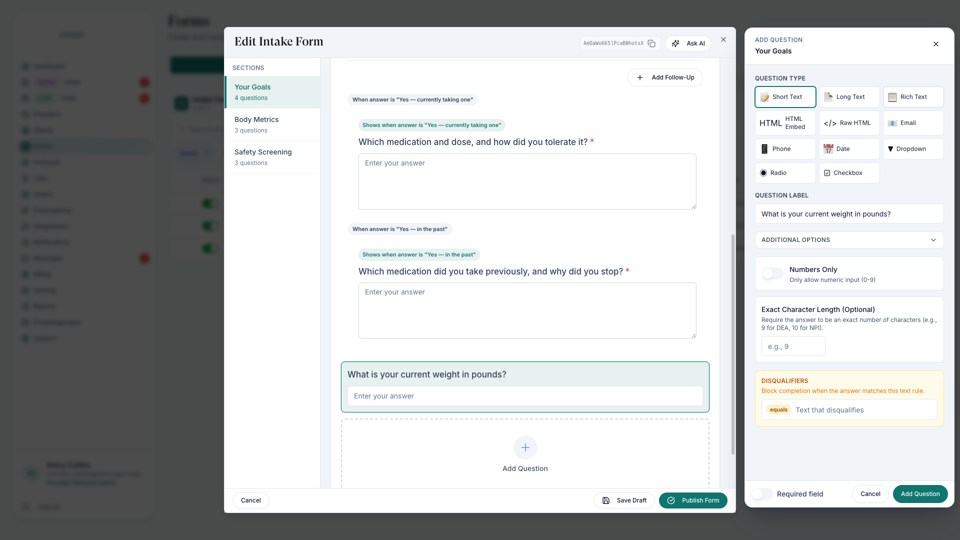 Form builder with a question being edited: question type options and a question label being typed