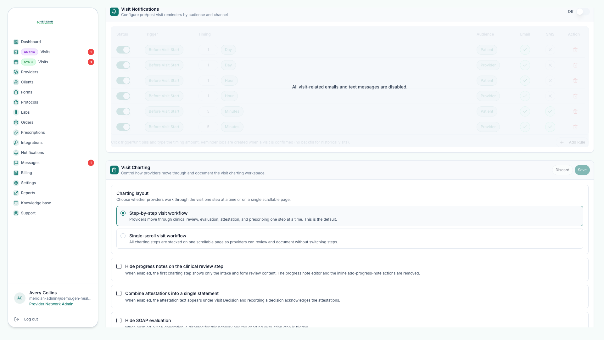 Visit Charting options: step-by-step vs single-scroll layout and toggles for progress notes, attestations, and SOAP