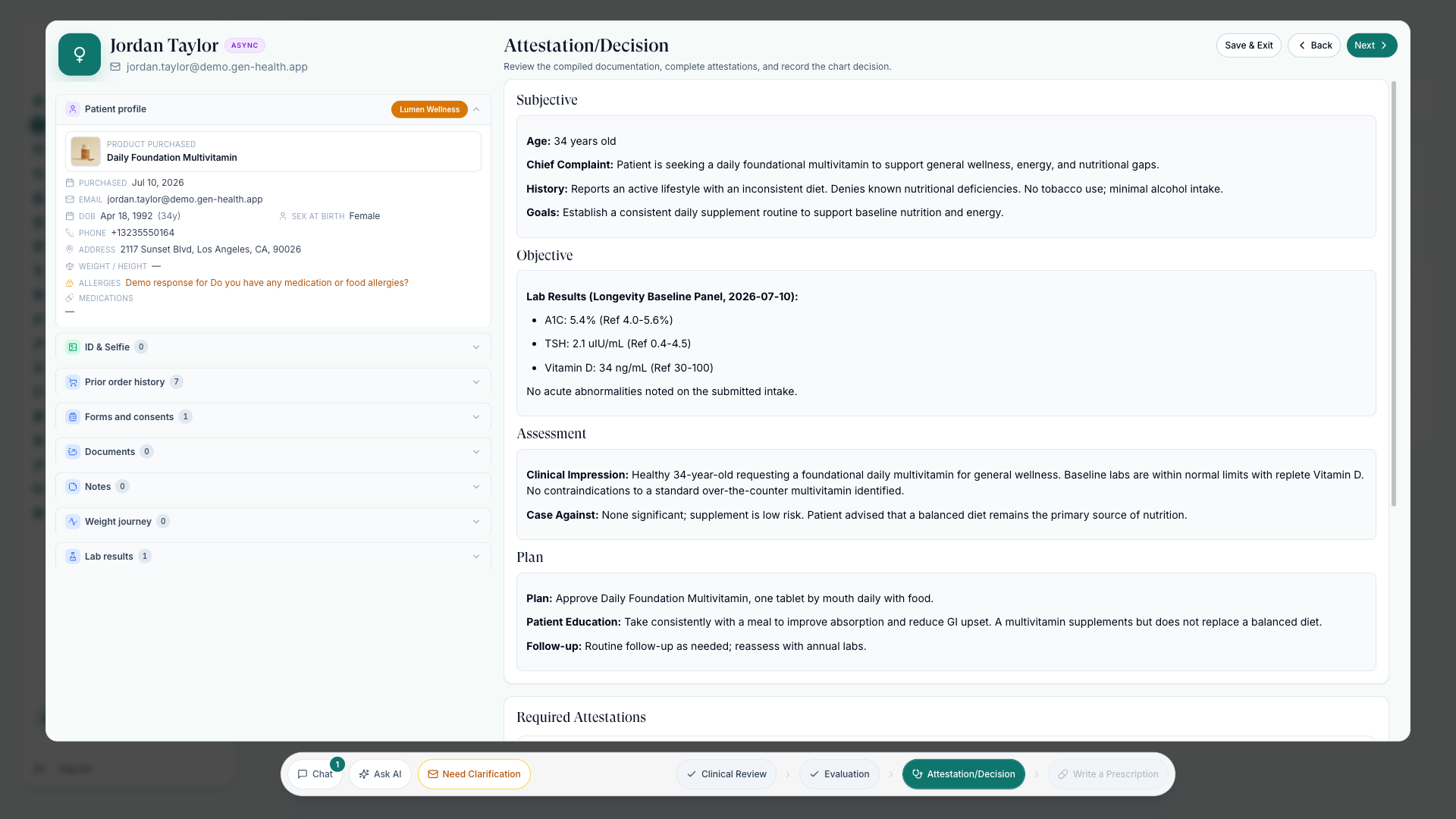 Provider charting workspace in the step-by-step layout: Clinical Review, Evaluation, Attestation/Decision, and Write a Prescription steps
