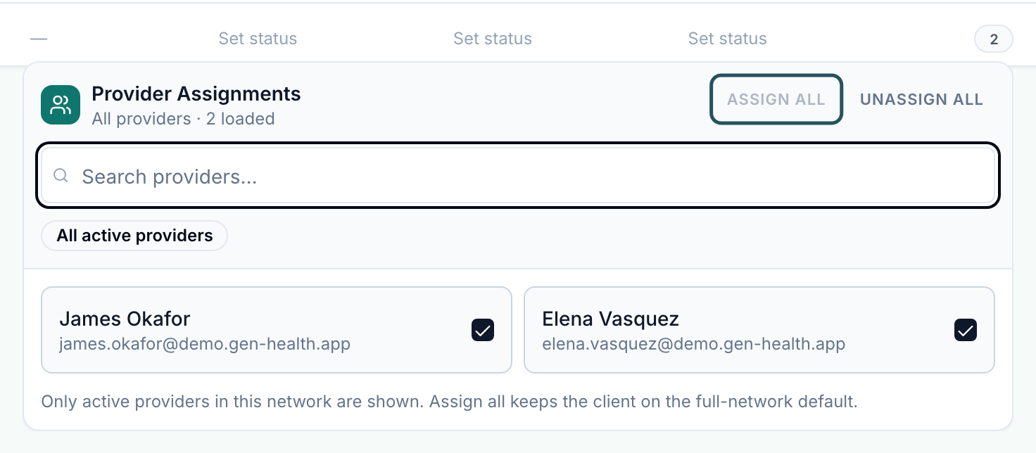 Provider Assignments popover for Lumen Wellness showing All providers, ASSIGN ALL, UNASSIGN ALL, the All active providers badge and two providers ticked