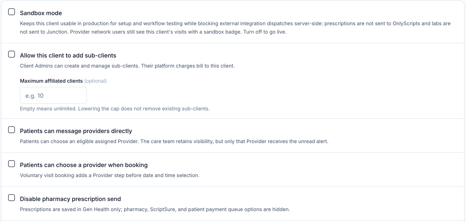 Configuration card listing Sandbox mode, Allow this client to add sub-clients, Maximum affiliated clients and the patient and prescription switches