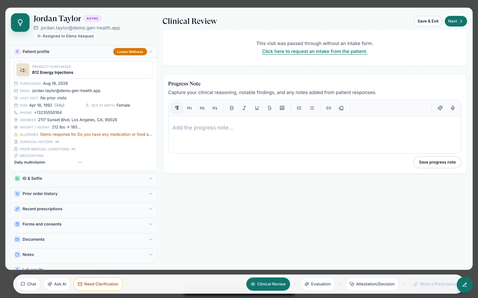 Charting window on Clinical Review: patient profile on the left, Progress Note on the right, Chat, Ask AI and Need Clarification along the bottom