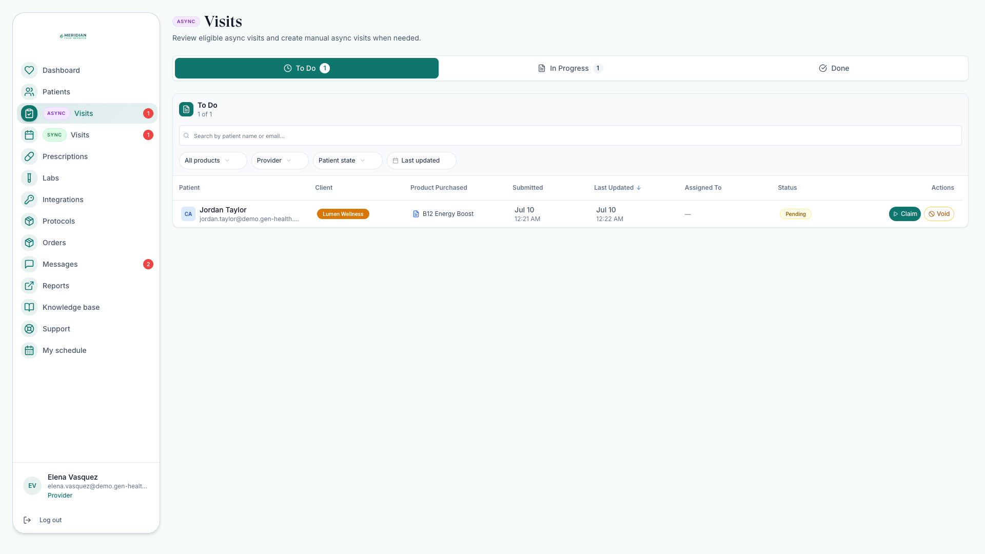 Provider async-visit To Do queue with an eligible unassigned chart review ready to claim