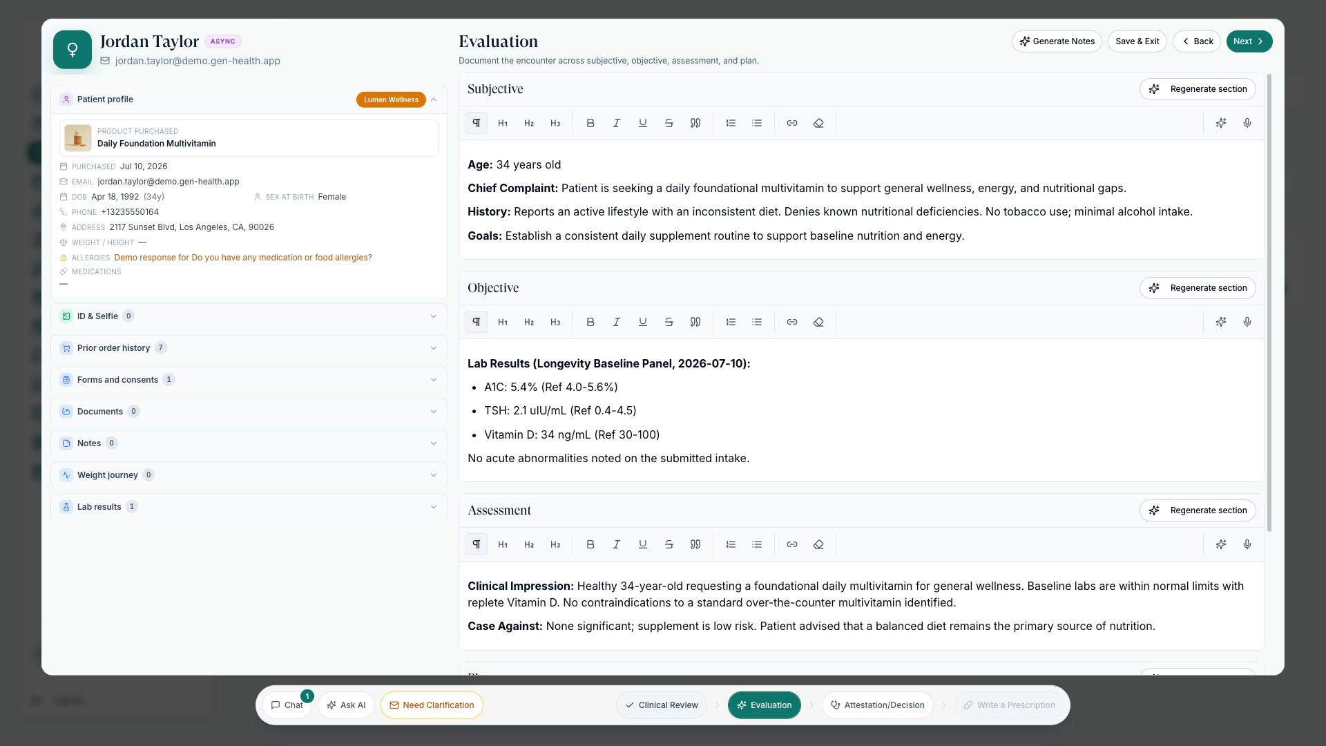 SOAP note editor in the chart review with AI Generate Notes and per-section Regenerate controls