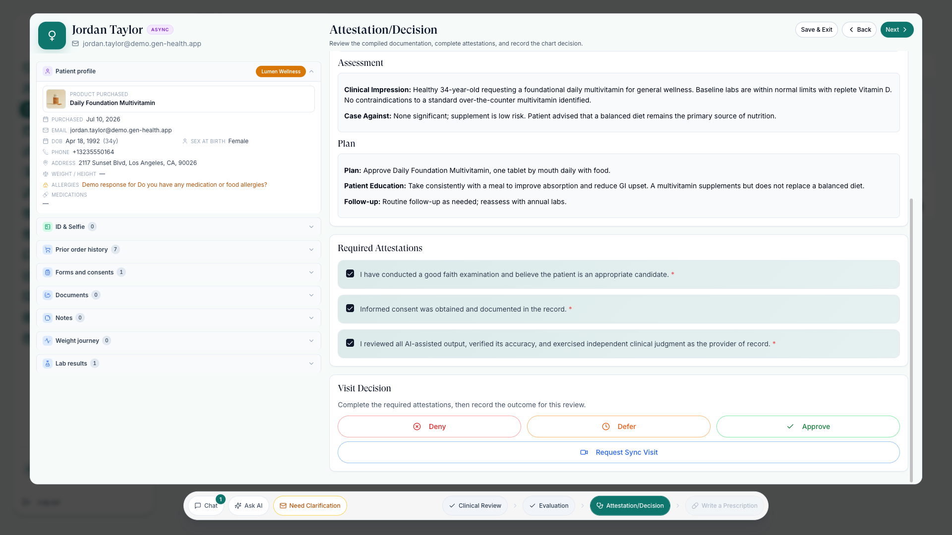 Chart review decision step with required attestations checked and Approve, Deny, and Defer controls