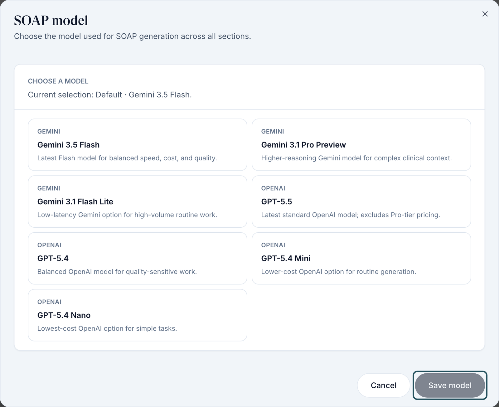 SOAP model dialog listing seven Gemini and OpenAI models under Choose a model, with Cancel and Save model