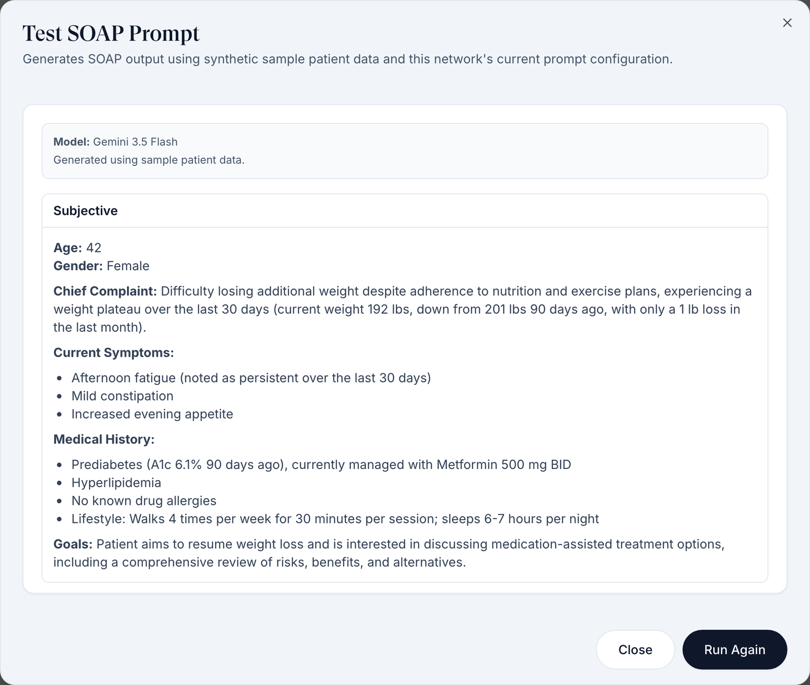 Test SOAP Prompt dialog showing Model Gemini 3.5 Flash, Generated using sample patient data, and the Subjective section of a sample note