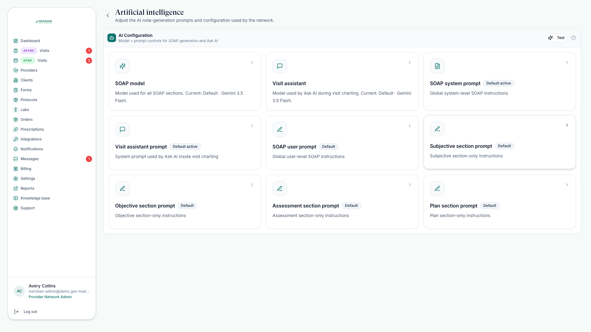 The AI Configuration section with model and prompt cards