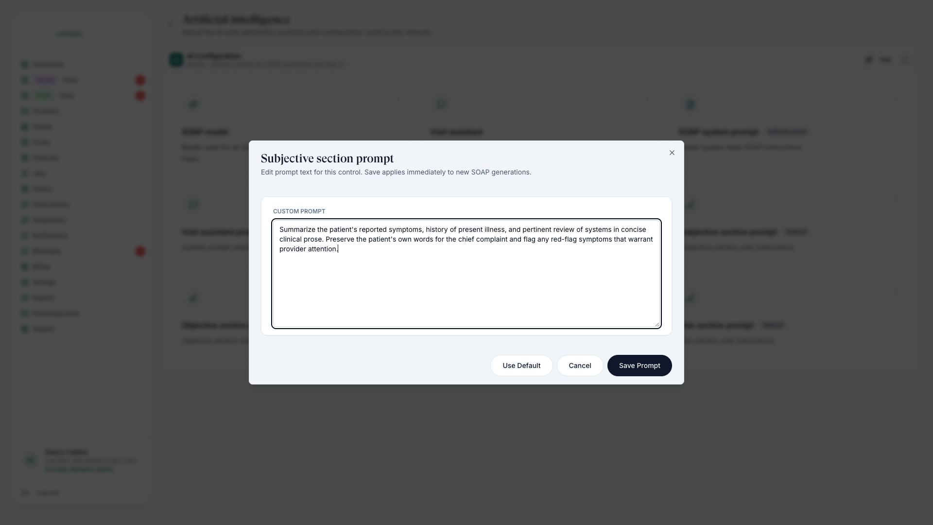 Editing a section-only prompt with the default shown for comparison