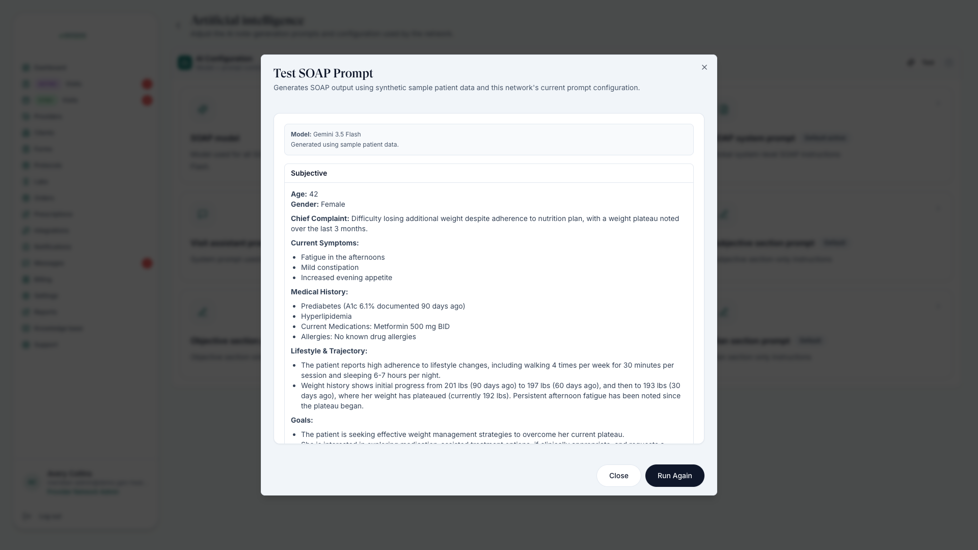 Test output showing the generated Subjective, Objective, Assessment, and Plan sections