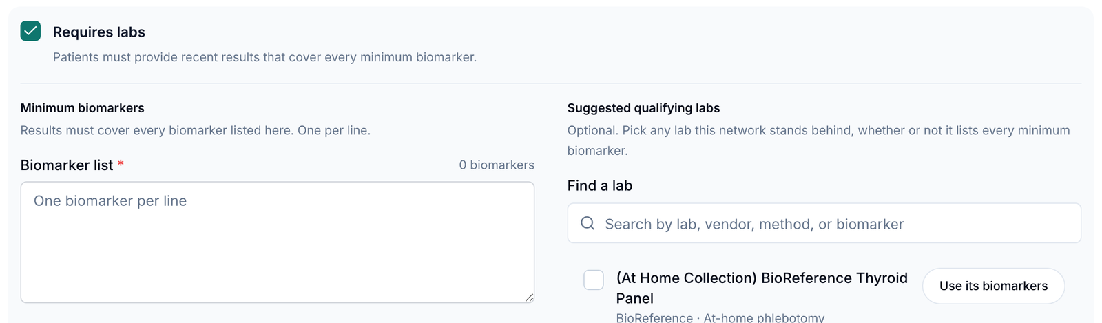Requires labs switched on in Create protocol, showing Minimum biomarkers with the Biomarker list and Suggested qualifying labs with Find a lab