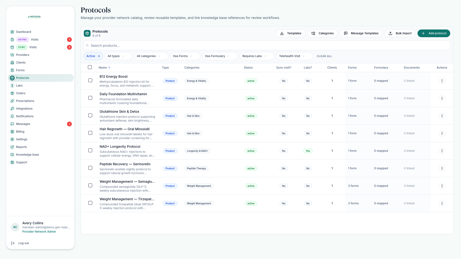 Protocols page showing protocol catalog rows, search, filters, and catalog actions.