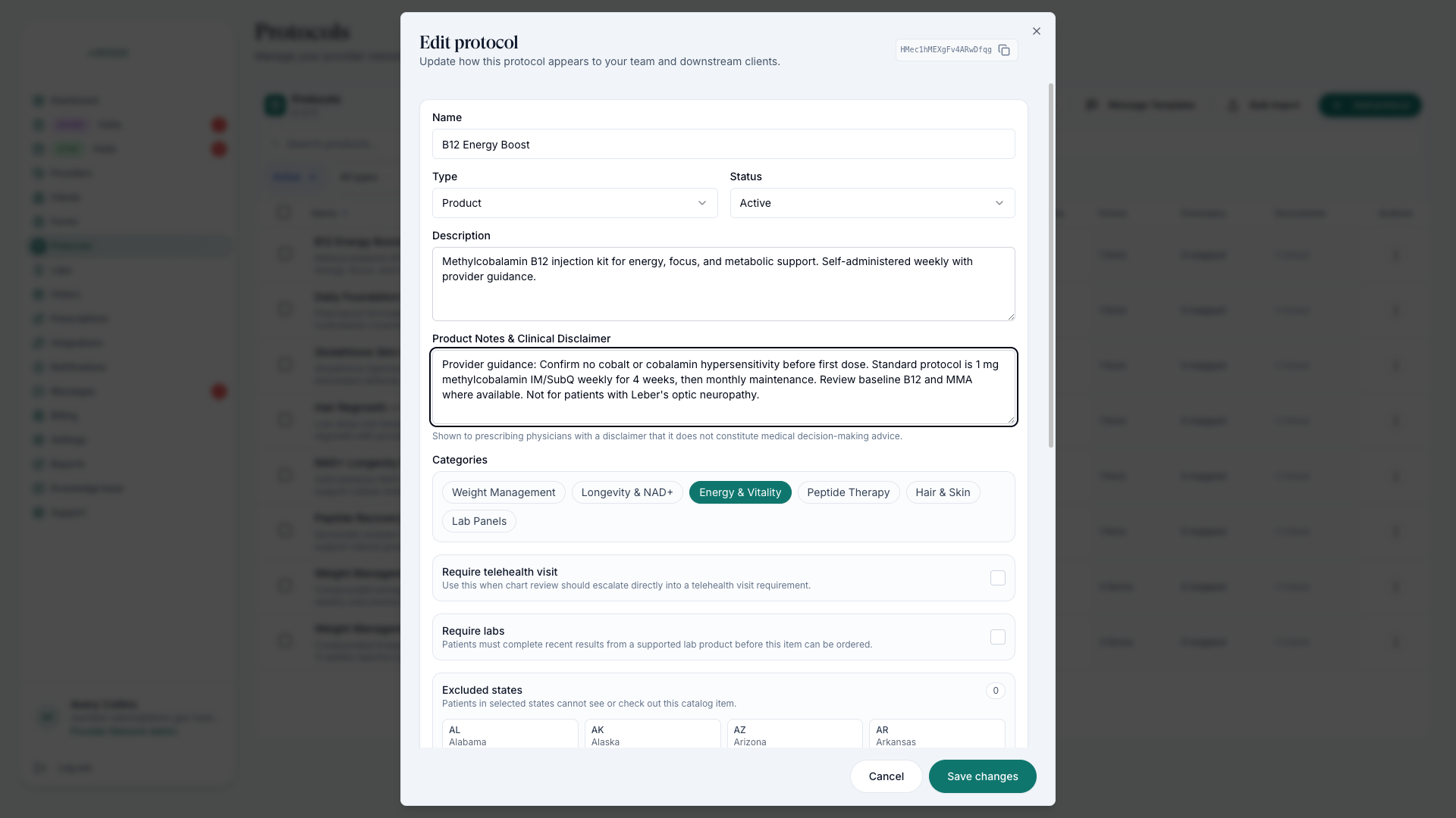 Protocol editor dialog with name, type, status, description, and provider-facing clinical notes filled in
