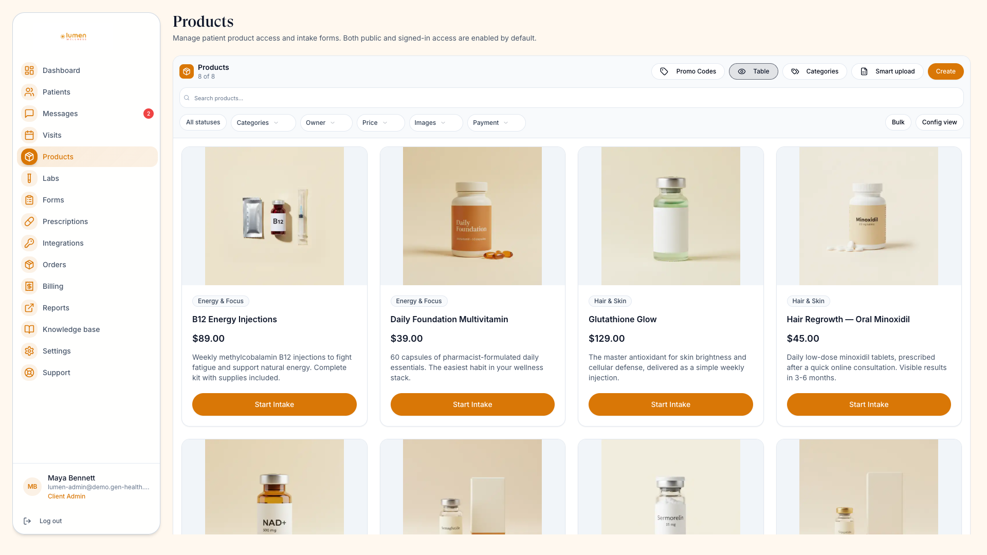 A linked client's patient-facing storefront showing protocol product cards with photography and categories