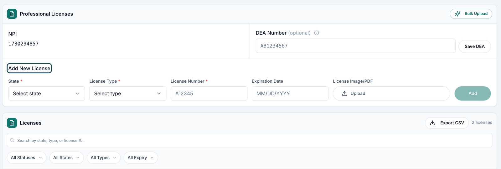 Credentials tab: Professional Licenses with NPI, DEA Number and Save DEA, the Add New License form, Bulk Upload, and the Licenses filters