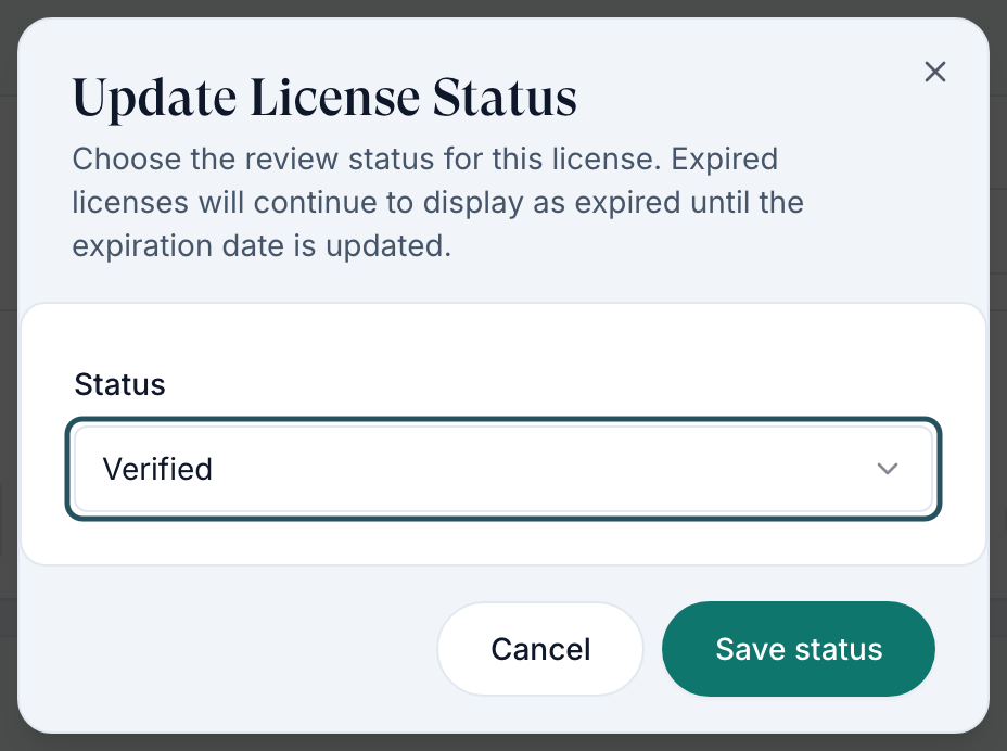 Update License Status dialog with the Status select, Cancel and Save status