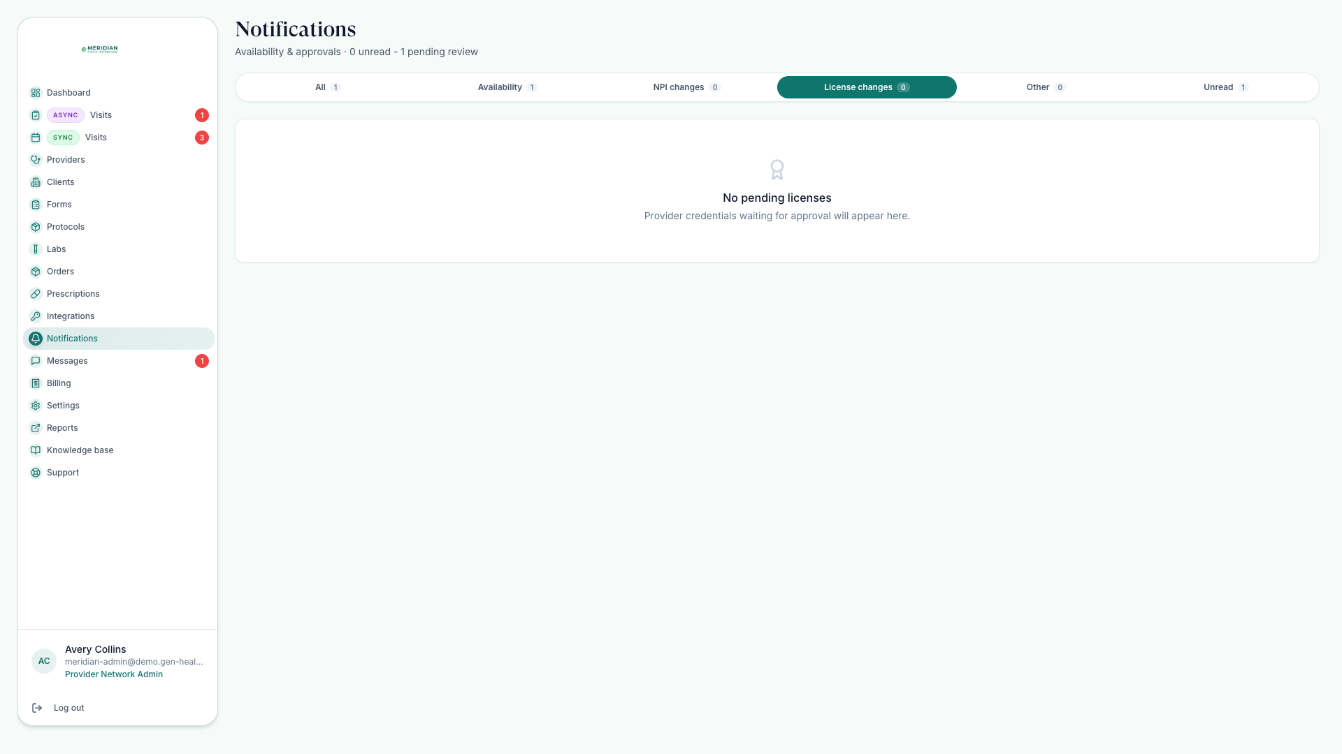 Notifications page filtered to the License changes category where provider license update requests arrive